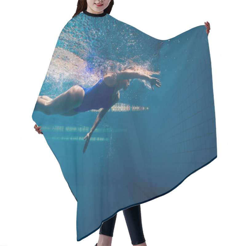 Personality  Underwater Picture Of Young Female Swimmer Exercising In Swimming Pool Hair Cutting Cape