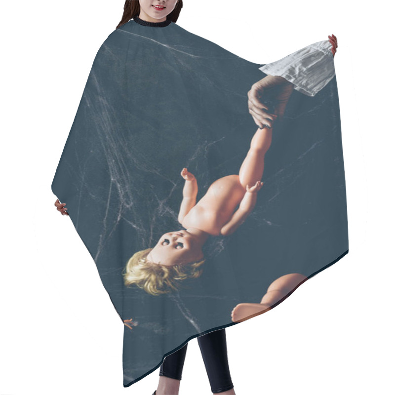 Personality  Partial View Of Scary Woman Holding Creepy Doll In Darkness With Spider Web Hair Cutting Cape