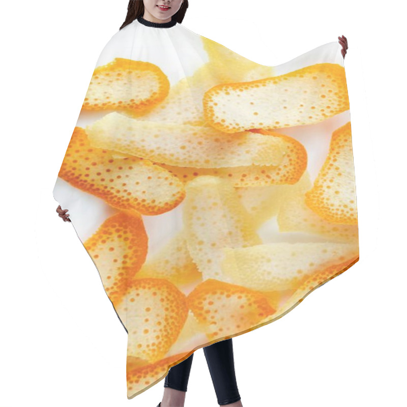 Personality  Vibrant Citrus Peels Arranged In An Artistic Pattern On A White Background. Hair Cutting Cape