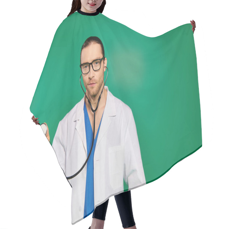 Personality  Handsome Doctor In Lab Coat Holding Stethoscope On Green Backdrop. Hair Cutting Cape