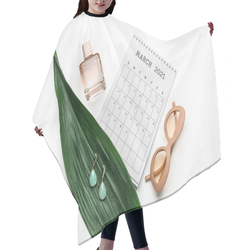 Personality  Calendar With Female Accessories And Tropical Leaf On White Background Hair Cutting Cape