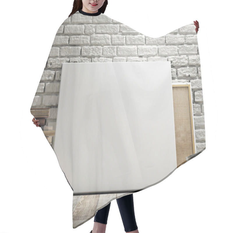 Personality  Mock Up Poster In White Brick Wall, Wooden Floor And Wintge Background. Horizontal Concept Hair Cutting Cape