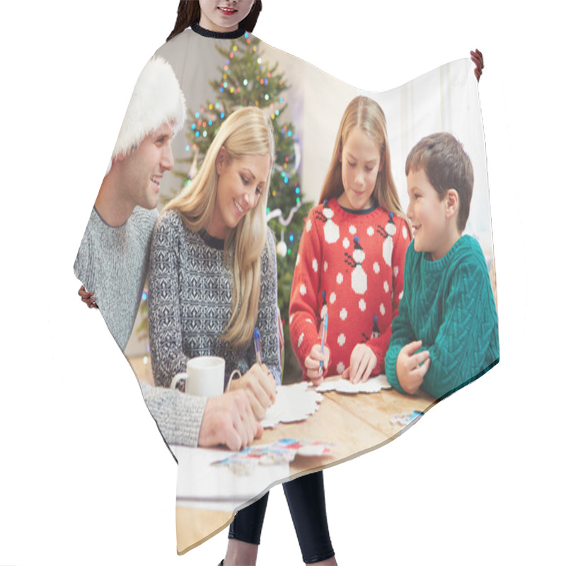 Personality  Family Writing Christmas Cards Together Hair Cutting Cape