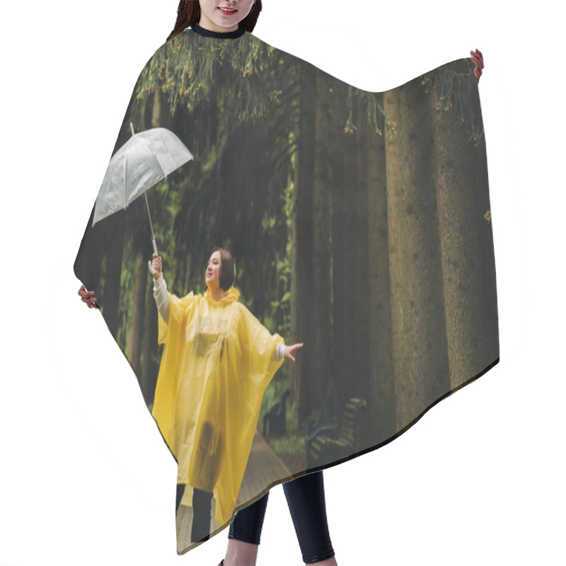 Personality  A Woman In A Yellow Raincoat And An Umbrella Walks In The Park And Garden In Summer. Hair Cutting Cape