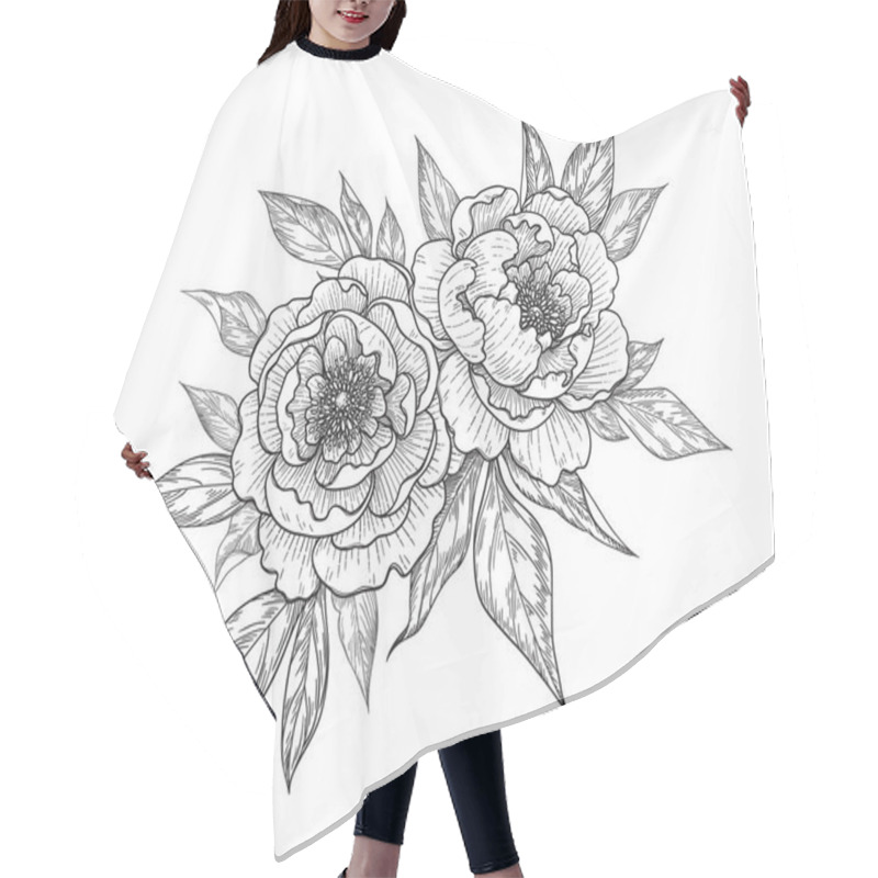 Personality  Hand Drawn Peony Flower And Leaves Bunch Isolated On White. Vector Line Art Monochrome Elegant Floral Composition In Vintage Style, T-shirt, Tattoo Design, Coloring Page, Wedding Decoration. Hair Cutting Cape