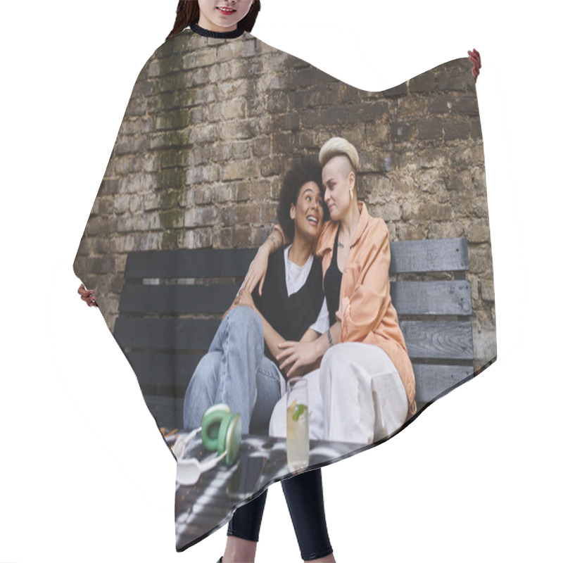 Personality  Two Women Embracing On A Rustic Wooden Bench. Hair Cutting Cape