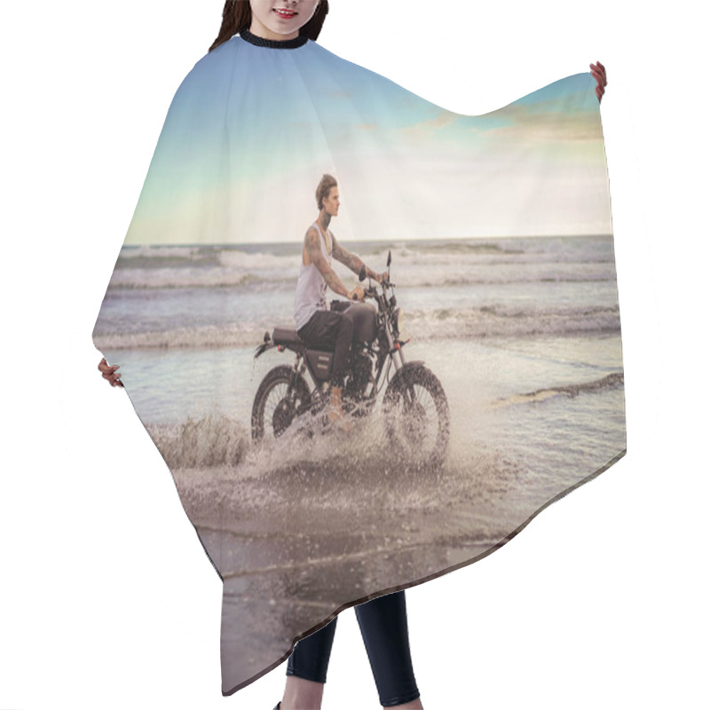 Personality  Side View Of Handsome Tattooed Man Riding Motorcycle In Ocean Waves On Beach Hair Cutting Cape