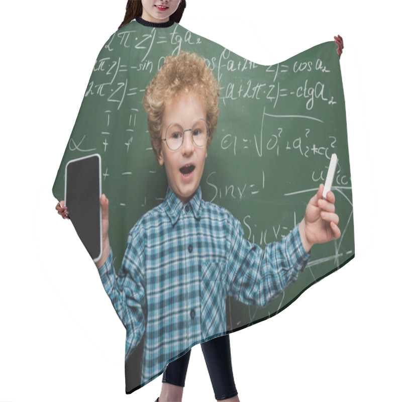 Personality  Cute And Smart Child Holding Smartphone With Blank Screen And Holding Chalk Near Chalkboard With Mathematical Formulas  Hair Cutting Cape