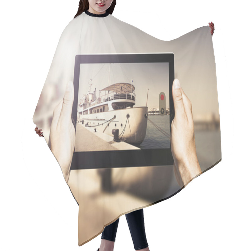 Personality  Hands Holding A Tablet. Taking A Photo Of A Luxury Yacht. Hair Cutting Cape