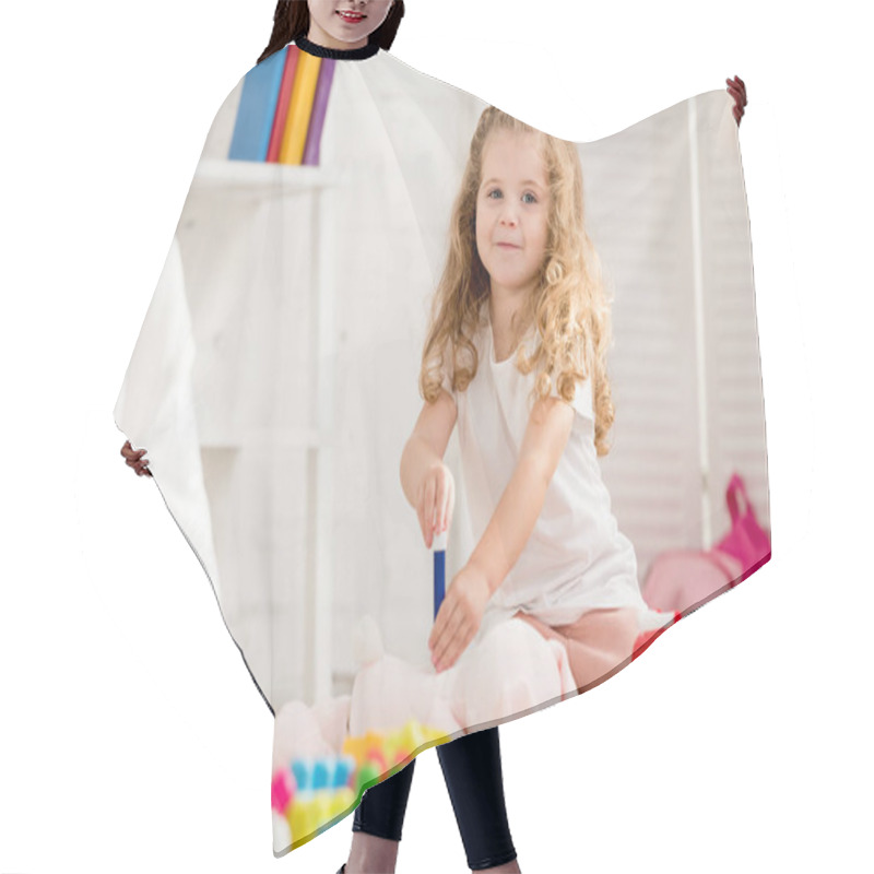 Personality  Adorable Kid Examining Rabbit Toy With In Children Room And Looking At Camera Hair Cutting Cape