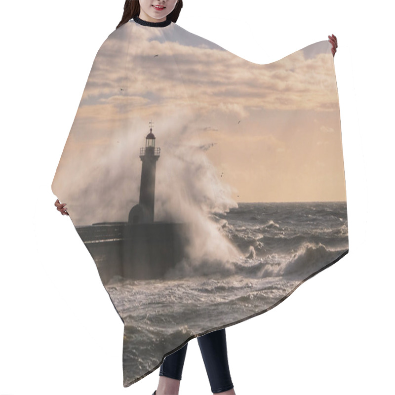 Personality  Wave Against Lighthouse Of Porto, Portugal, In The Sunset Light Hair Cutting Cape