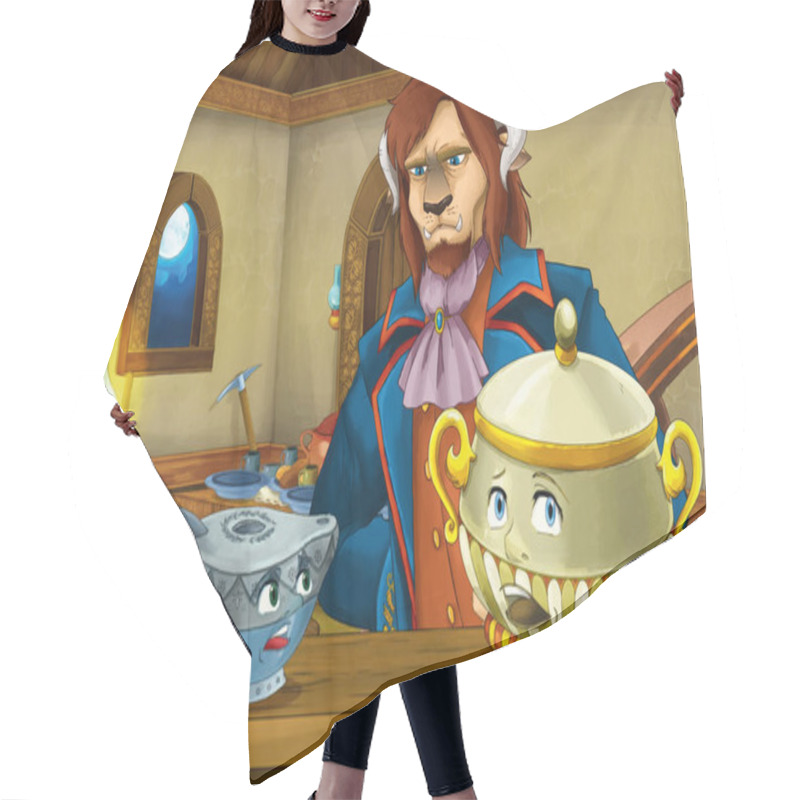 Personality  Cartoon Scene With Old Traditional Kitchen With Magical Living Dishes And Enchanted Prince - Illustration For Children Hair Cutting Cape