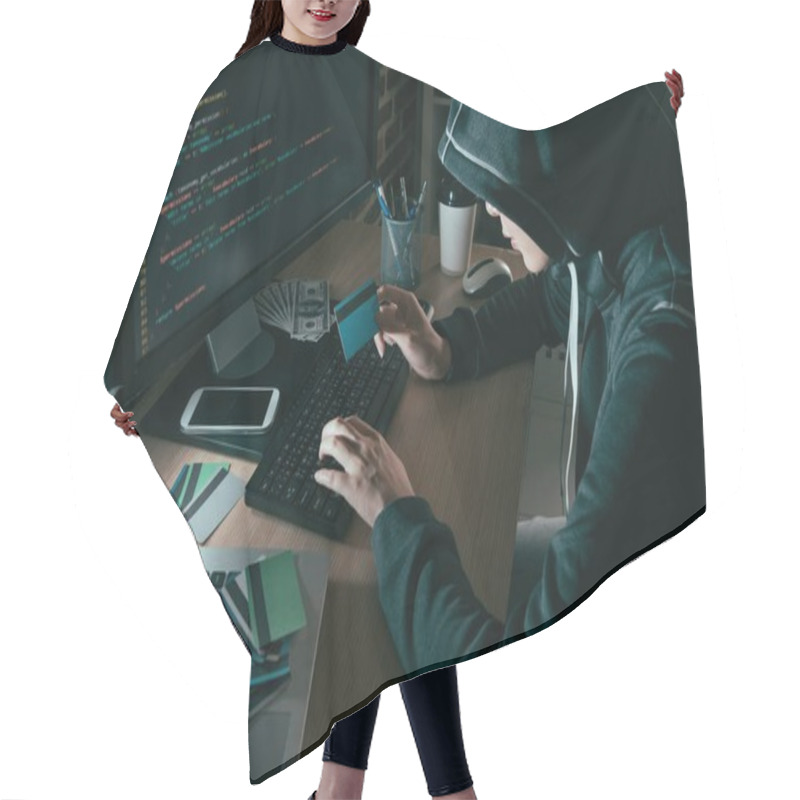 Personality  High Angle View Photo Of Hacker Using Computer  Hair Cutting Cape