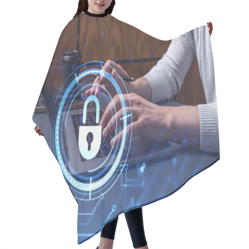 Personality  A Programmer Is Typing A Code On A Keyboard To Protect A Cyber Security From Hacker Attacks And Save Clients Confidential Data. Padlock Hologram Icons Over The Typing Hands. Hair Cutting Cape