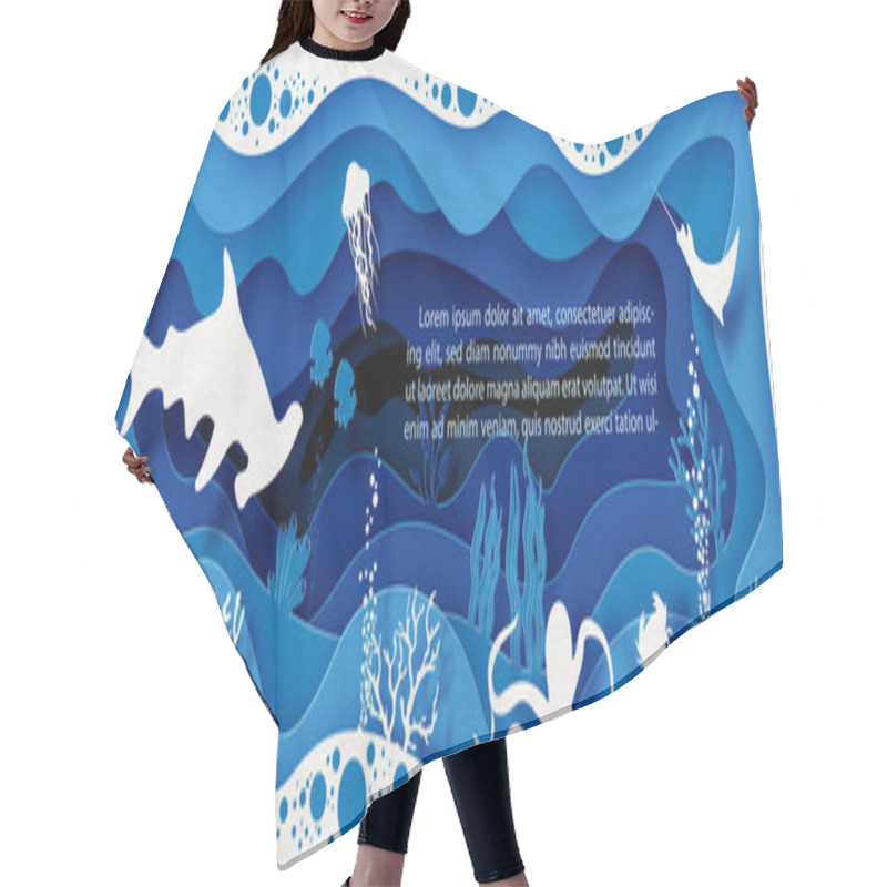 Personality  Card And Poster Scene Of Under The Sea And Ocean In Layers Paper Cut Style And Vector Design With  Shark And Sea Animals, Example Texts On Blue Background. Hair Cutting Cape