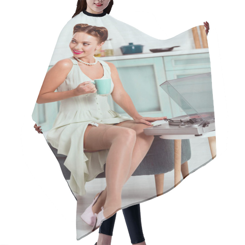 Personality  Smiling Pin Up Girl Sitting On Ottoman And Holding Cup Of Coffee Hair Cutting Cape