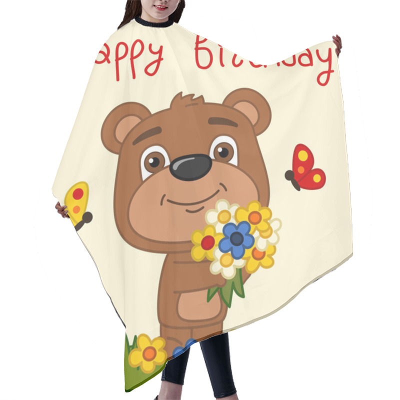 Personality  Greeting Card With Cute Funny Cartoon Character Of Teddy Bear Holding Flower Bouquet On Meadow And Text Happy Birthday Hair Cutting Cape