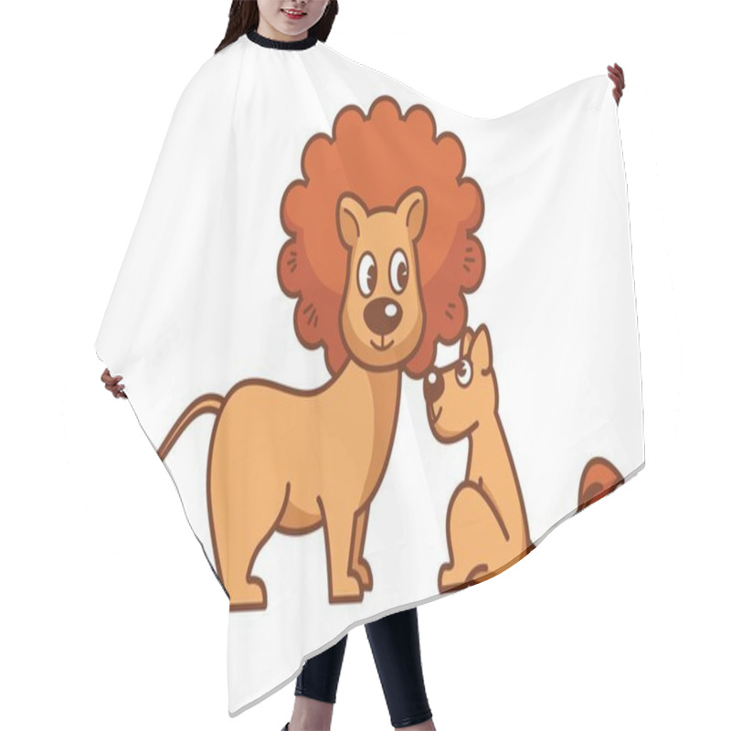 Personality  Father Lion With Thick Mane And Little Lionet. Wild Predators From Savannah. King Of Animals With His Baby Son That Sits And Looks At Him Isolated Cartoon Flat Vector Illustration On White Background. Hair Cutting Cape