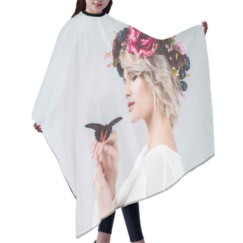 Personality  Beautiful Girl Posing In Floral Wreath With Alive Butterfly On Hands, Isolated On Grey Hair Cutting Cape