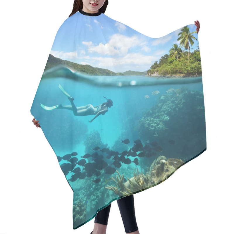 Personality  Beautiful Coral Reef With Lots Of Fish And A Woman Hair Cutting Cape