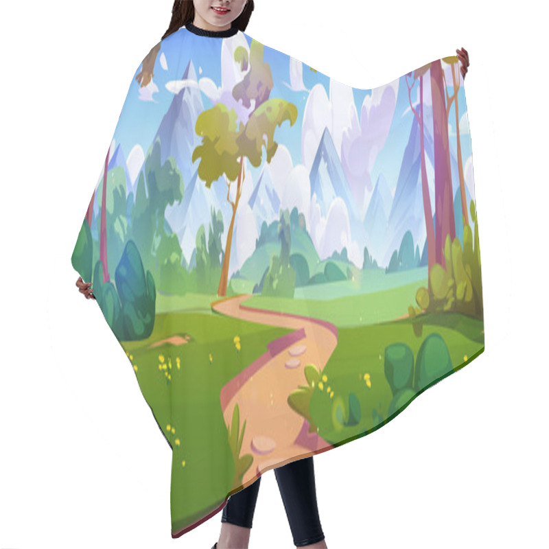 Personality  Forest Cartoon Landscape With Walking Path Among Green Trees, Bushes And Grass With Flowers On Background Of Rocky Mountains And Sky With Clouds. Vector Illustration Of Summer Woodland Scenery. Hair Cutting Cape