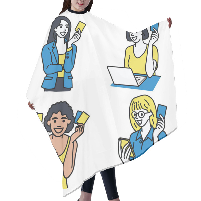 Personality  Set Of Various Character Portrait Of Multi-ethnic Women, Holding Credit Card In Hand With Smiling, Happy Expression. Linear, Thin Line Art, Hand Drawn Sketch, Simple Design. Hair Cutting Cape