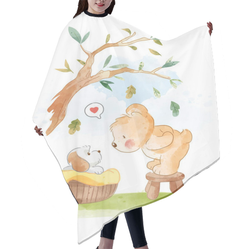 Personality  Cute Bear And Little Puppy In Basket Illustration Hair Cutting Cape