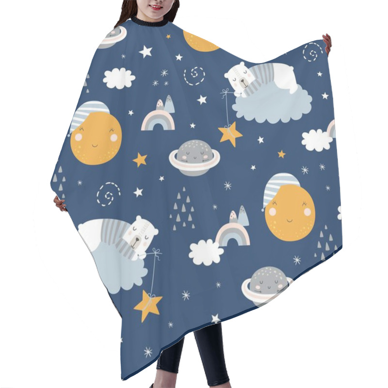 Personality  Seamless Childish Pattern With Sleeping Bear, Clouds, Rainbow, Moon And Stars. Creative Kids Texture For Fabric, Wrapping, Textile, Wallpaper, Apparel. Vector Illustration Hair Cutting Cape