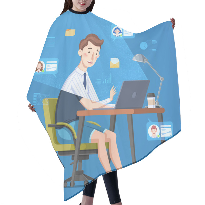 Personality  Young Businessman Working From Home With His Laptop In Flat Style On Blue Background Hair Cutting Cape