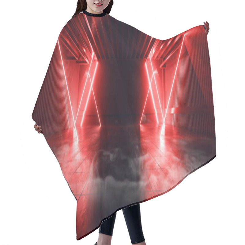 Personality  Sci Fi Futuristic Smoke Fog Neon Laser Garage Room Red Electric Cyber Undergound Warehouse Concrete Reflective Studio Podium Club 3D Rendering Illustration Hair Cutting Cape