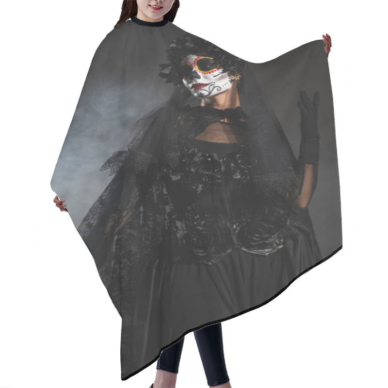 Personality  Woman In Black Witch Costume And Creepy Halloween Makeup Posing On Dark Background With Fog Hair Cutting Cape