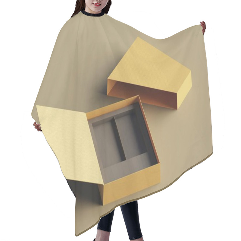 Personality  Elegant Open Yellow Rectangular Box With A Textured Surface Against A Neutral Background. Hair Cutting Cape