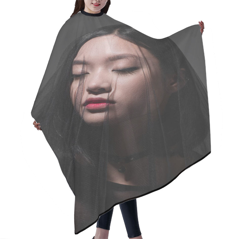 Personality  Portrait Of Asian Model With Makeup Under Black Veil Isolated On Grey Hair Cutting Cape