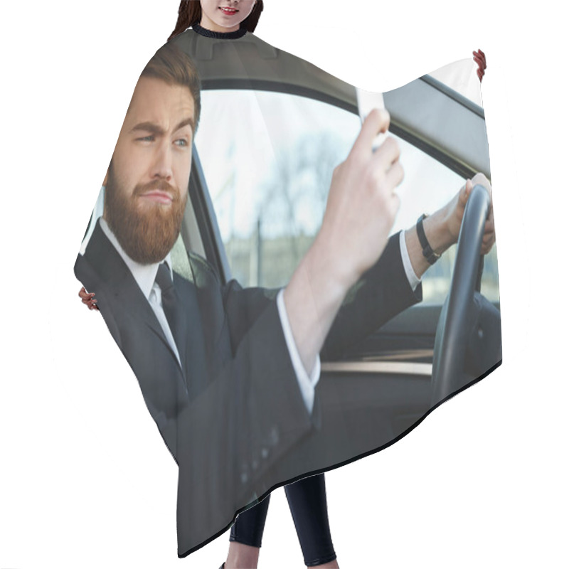 Personality  Side View Of Bearded Business Man Making Selfie Hair Cutting Cape