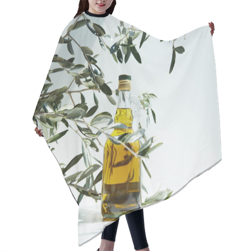 Personality  Bottle Of Aromatic Olive Oil And Branches On White Table Hair Cutting Cape