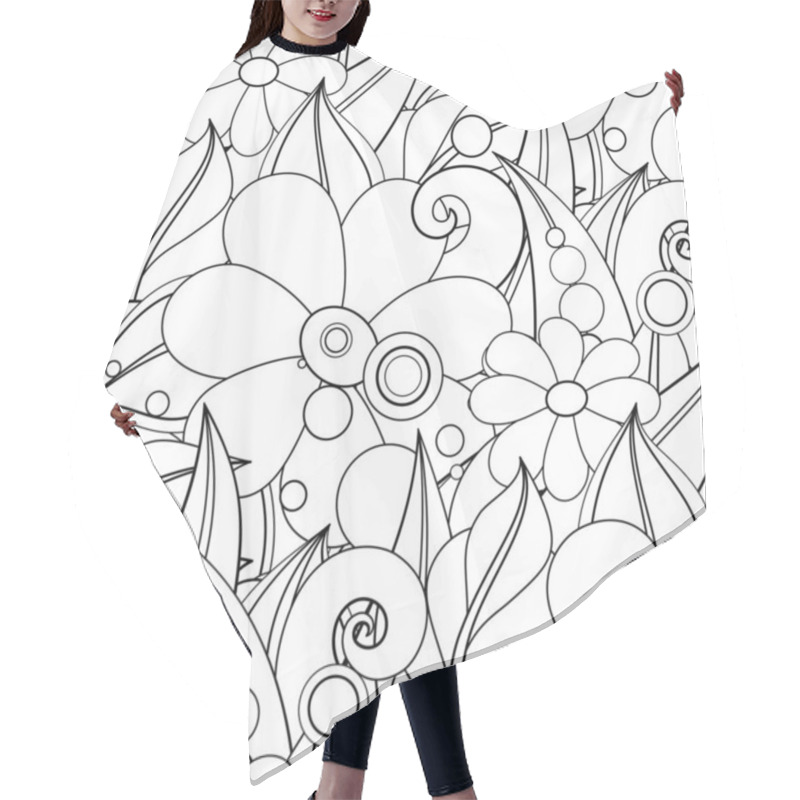 Personality  Monochrome Seamless Pattern With Floral Motifs. Endless Texture With Flowers And Leaves In Doodle Line Style Hair Cutting Cape