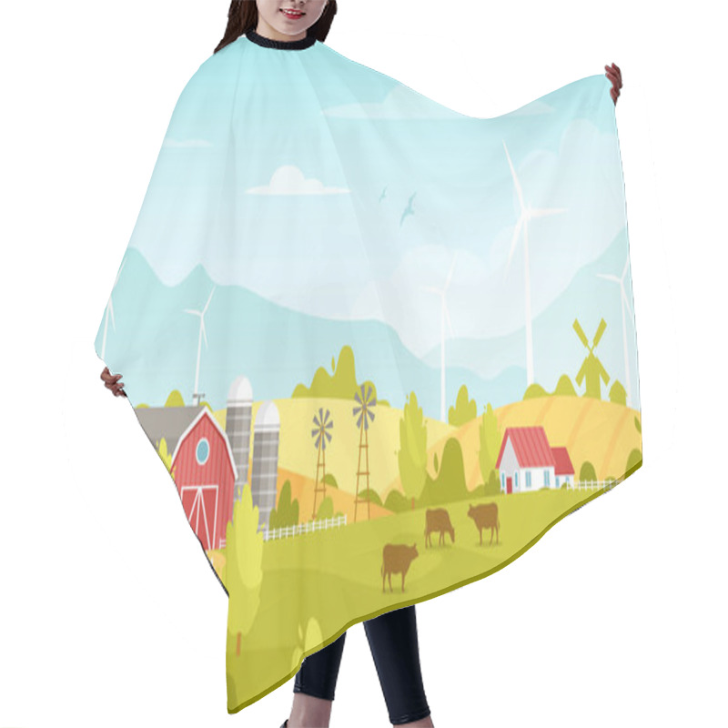 Personality  Agriculture And Farming. Vector Rural Landscape With Farm, Windmill, Field, Hills, Trees, Dawn, Cows. Autumn Fall Fields Farming Illustration. Eco Summer Village Concept. Alternative Energy Resource Hair Cutting Cape