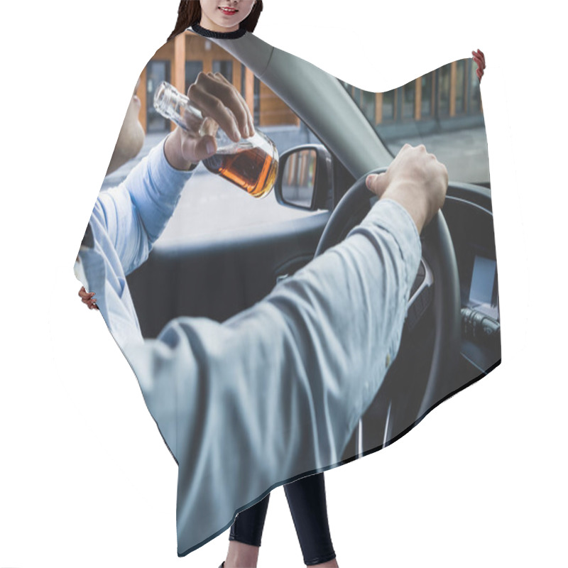 Personality  Cropped View Of Man Drinking Whiskey While Driving Car, Blurred Foreground Hair Cutting Cape