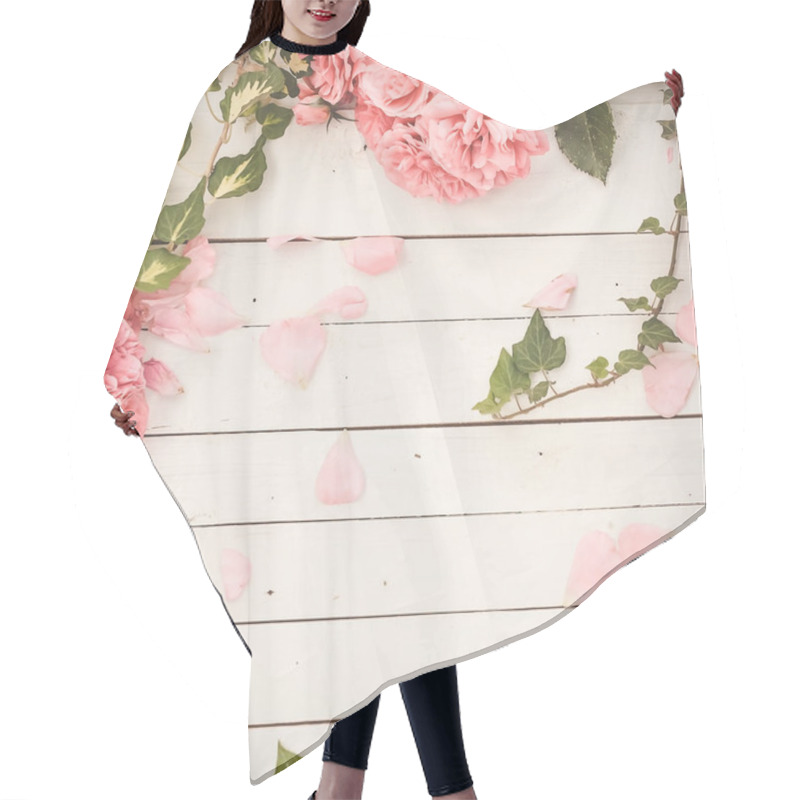 Personality  Romantic Pink Roses On White Wooden Background Hair Cutting Cape