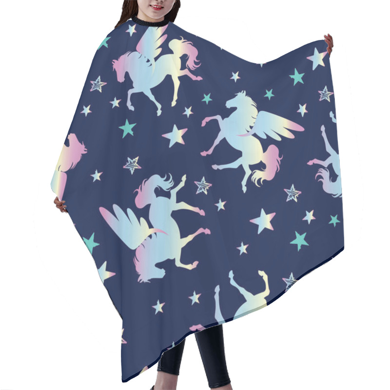 Personality  Pegasus Silhouettes Seamless Vector Pattern. Holographic Magic Unicorn With Stars. Pattern For Girls.Creative Background For Textile Hair Cutting Cape