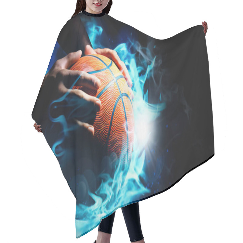 Personality  Basketball Player With Ball In Flame On Black Background, Closeup  Hair Cutting Cape