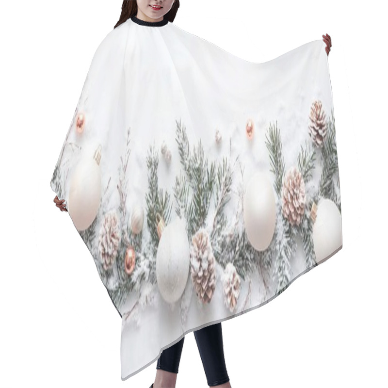 Personality  Elegant White And Rose Gold Christmas Decor With Snowy Pine Elements. Hair Cutting Cape