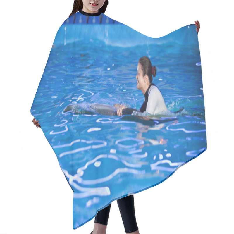 Personality  Woman In Diving Costume Swimming In Pool With Dolphin Hair Cutting Cape