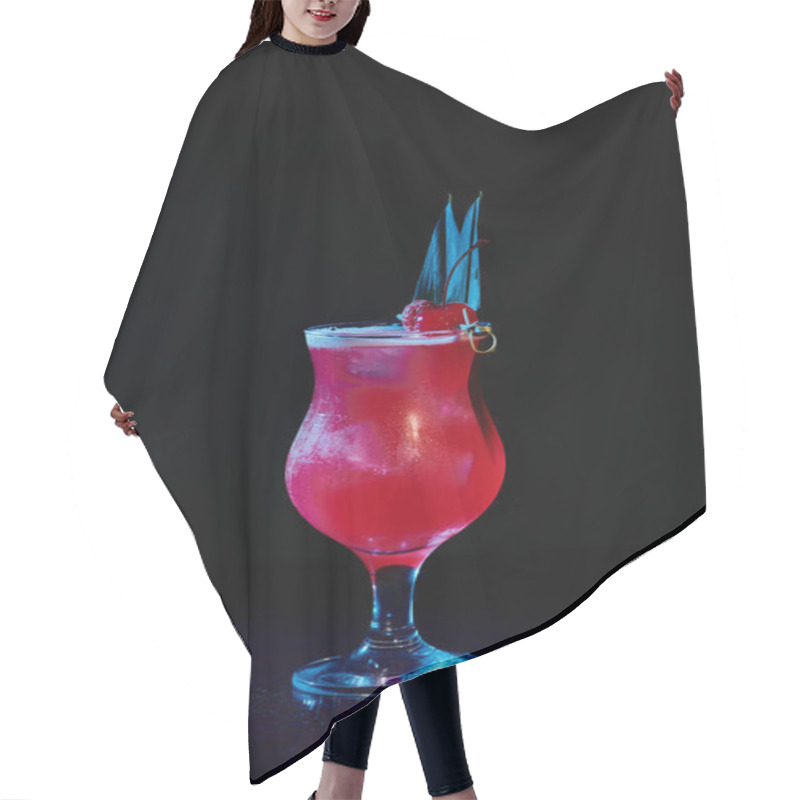 Personality  Freshening Singapore Sling With Plant And Raspberry Decoration On Black Background, Concept Hair Cutting Cape