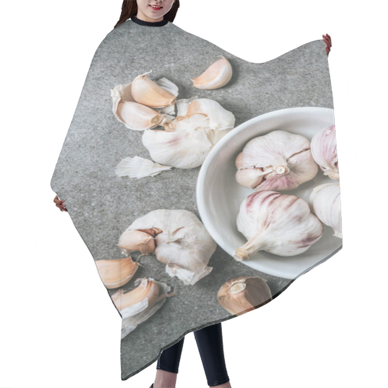 Personality  Top View Of Garlic In Ceramic Bowl And Several Peeled Bulbs On Grey Background Hair Cutting Cape