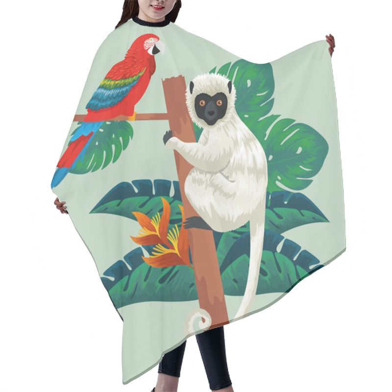 Personality  Parrot And Lemur Animals With Exotic Leaves Hair Cutting Cape