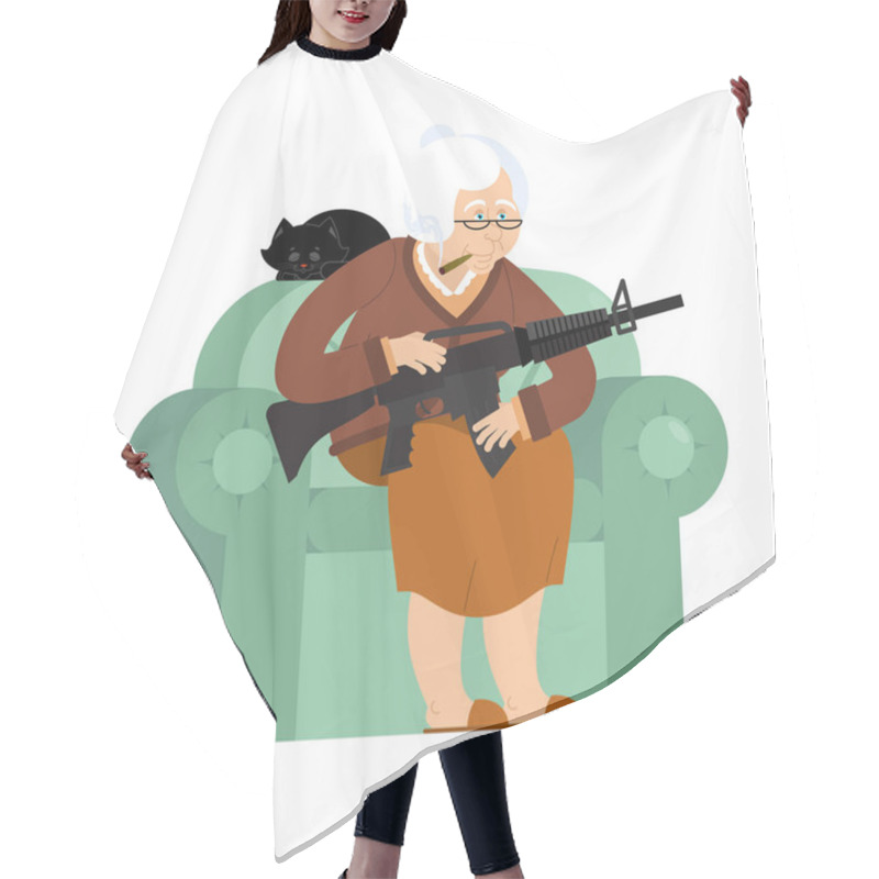 Personality  Grandmother With Gun. Old Woman In An Armchair With Tommy Gun An Hair Cutting Cape