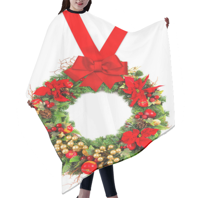 Personality  Christmas Wreath With Poinsettia And Red Ribbon Bow Hair Cutting Cape