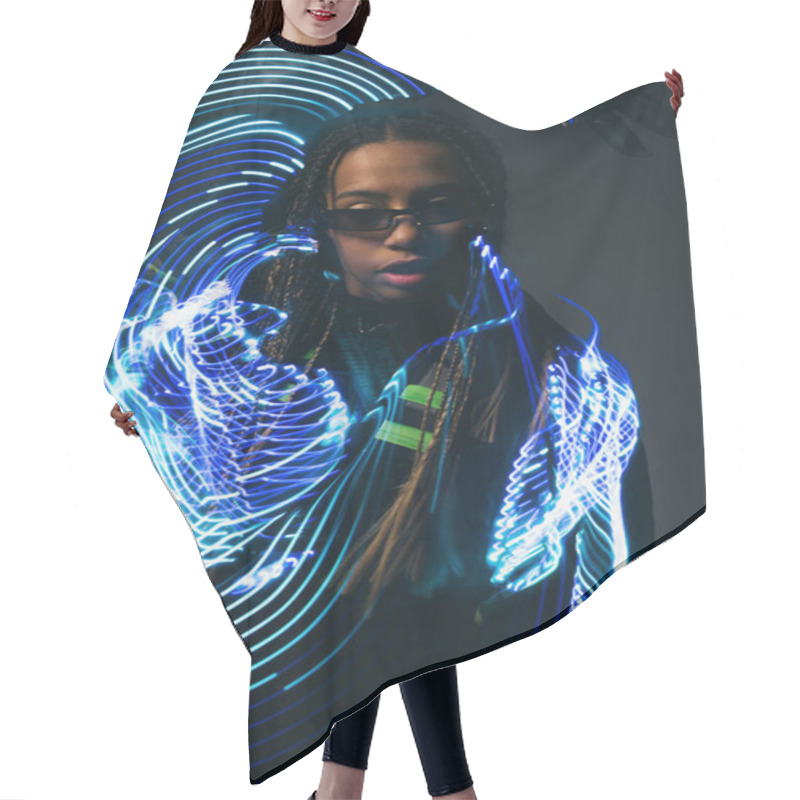 Personality  Long Exposure Of Trendy African American Woman In Smart Glasses Standing Near On Grey Background  Hair Cutting Cape