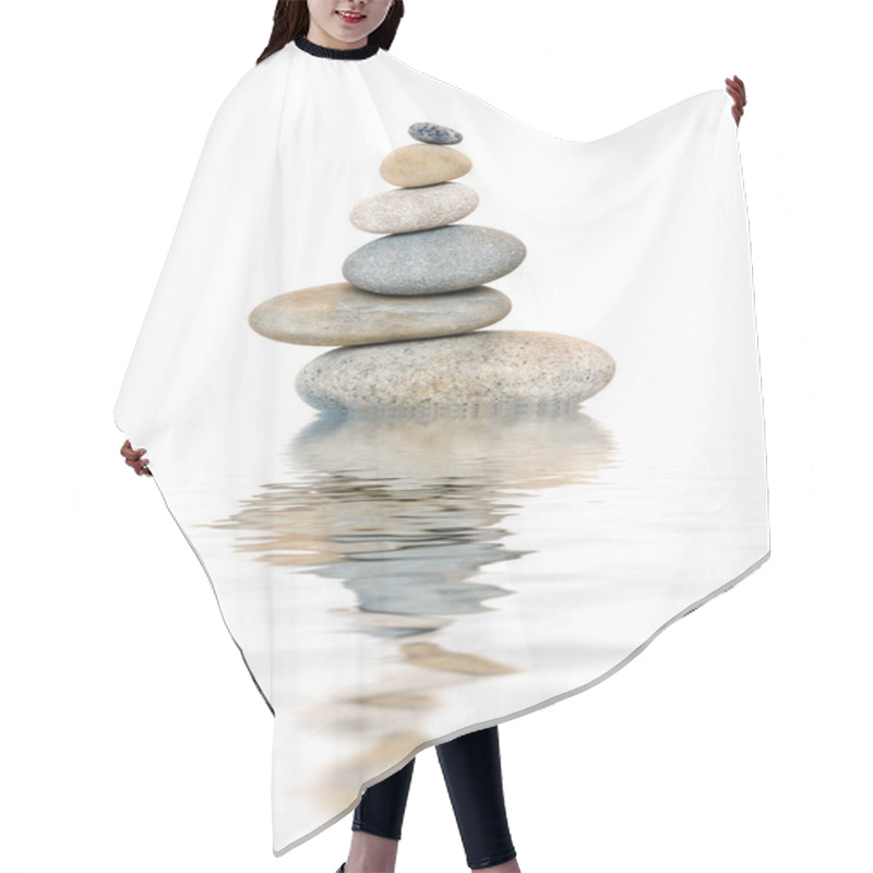 Personality  Well Balanced Pebble Stone Cairn Reflecting In Water Across A White Background Hair Cutting Cape